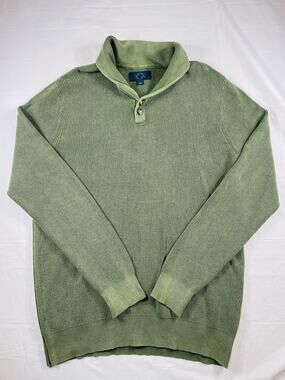 Even Tide Mens Large Green Shawl Collar Button Waffle Knit Cotton Sweater